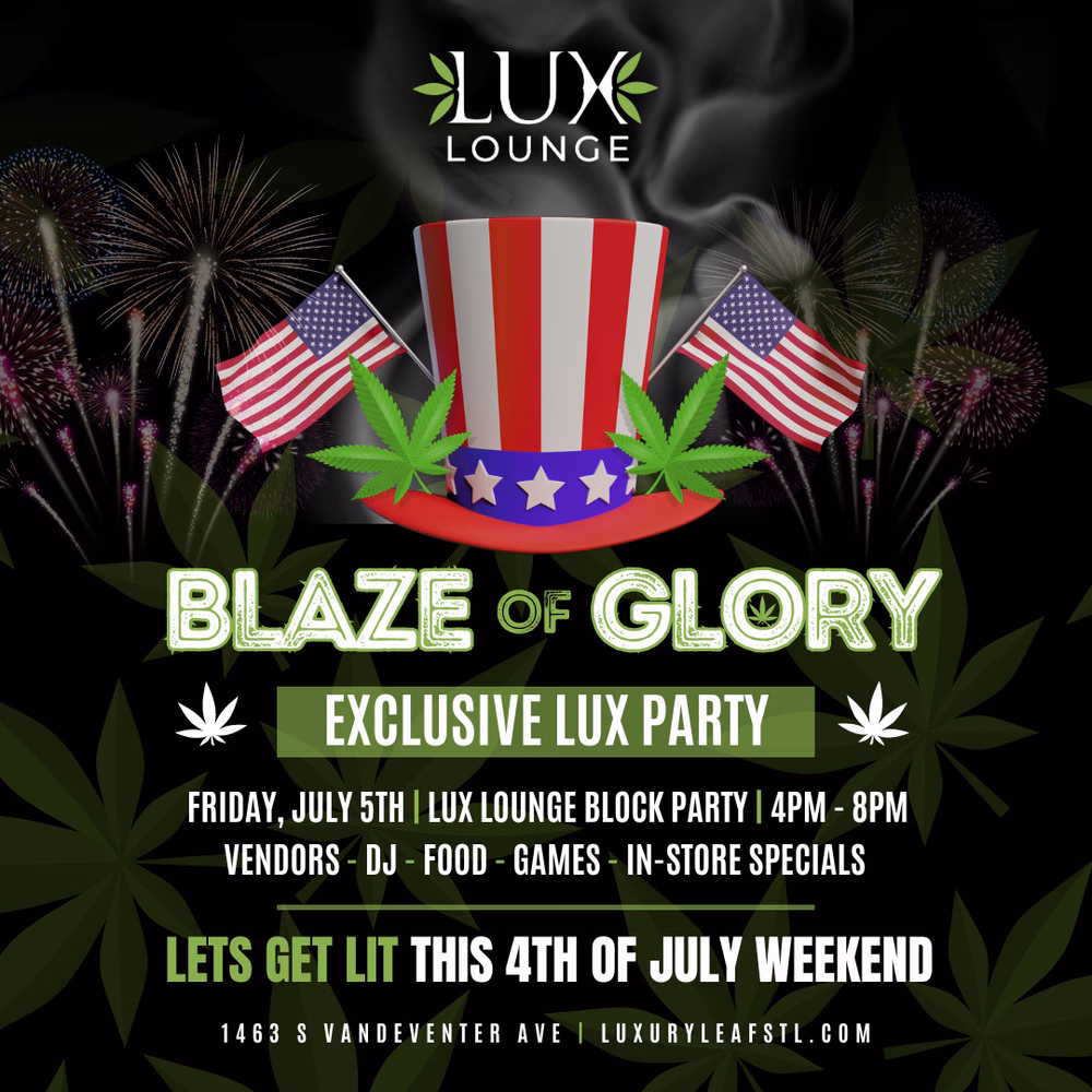 Flyer for "Blaze of Glory" exclusive party at Lux Lounge on July 5th, featuring vendors, DJ, food, games, and in-store specials