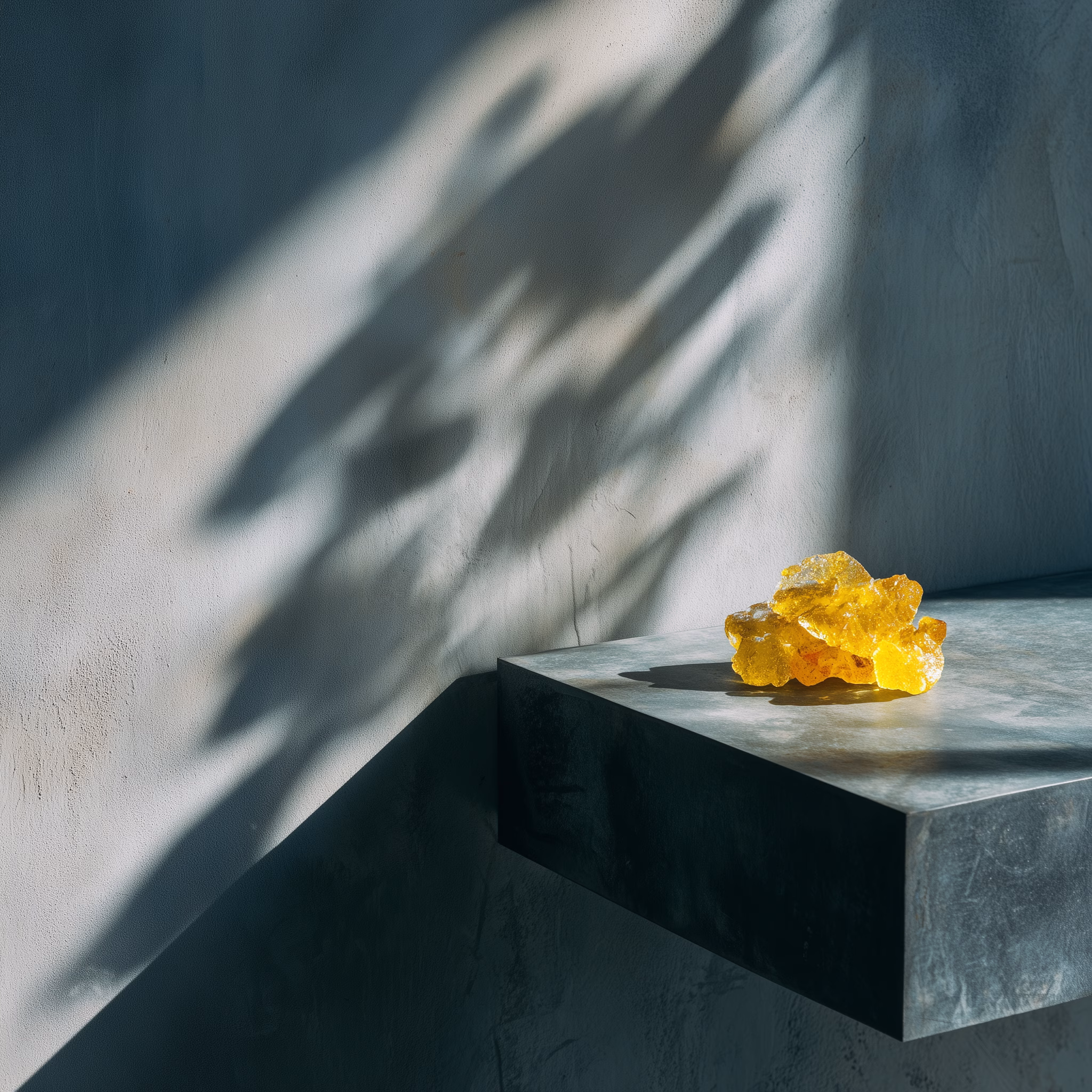 Golden cannabis concentrate displayed on a sleek stone shelf with dramatic natural lighting and shadow play