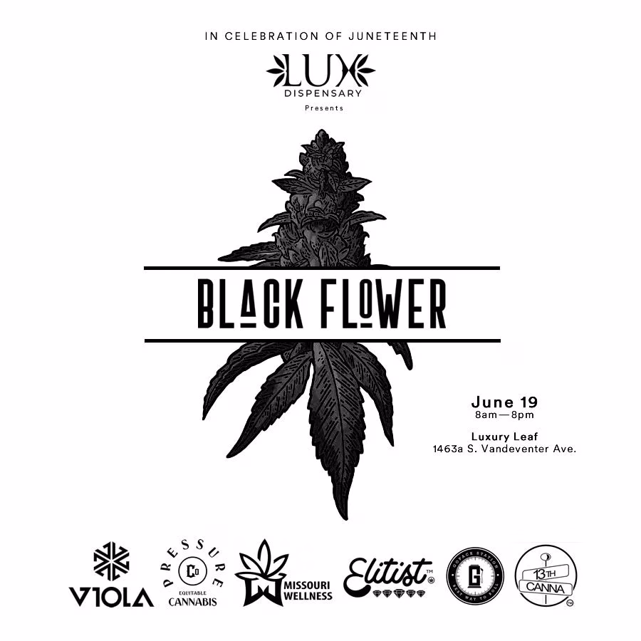Flyer for a Juneteenth event called "Black Flower" at Luxury Leaf on June 19, featuring cannabis-related logos at the bottom