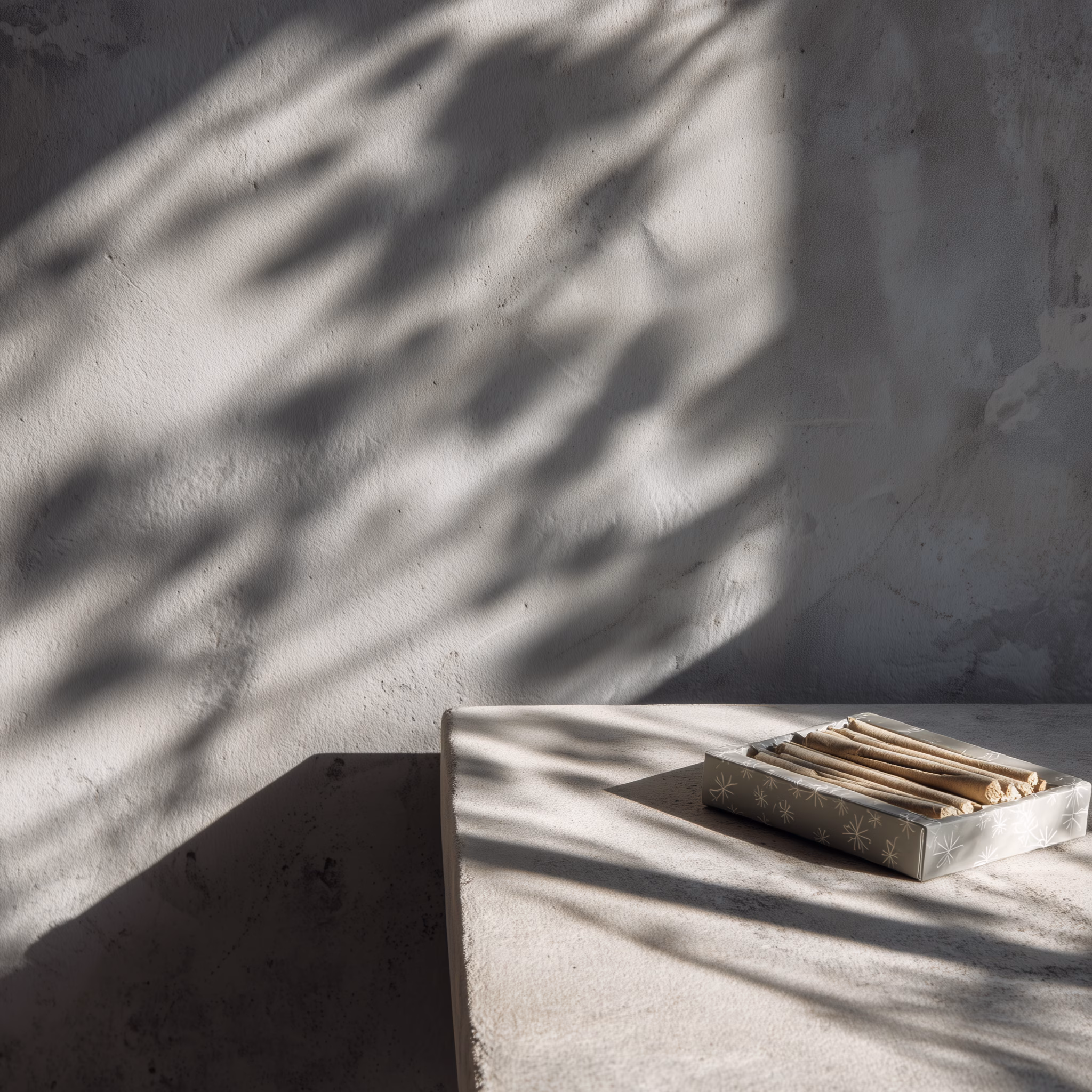 A tray of rolled joints on a sunlit concrete surface with soft shadows on the wall behind