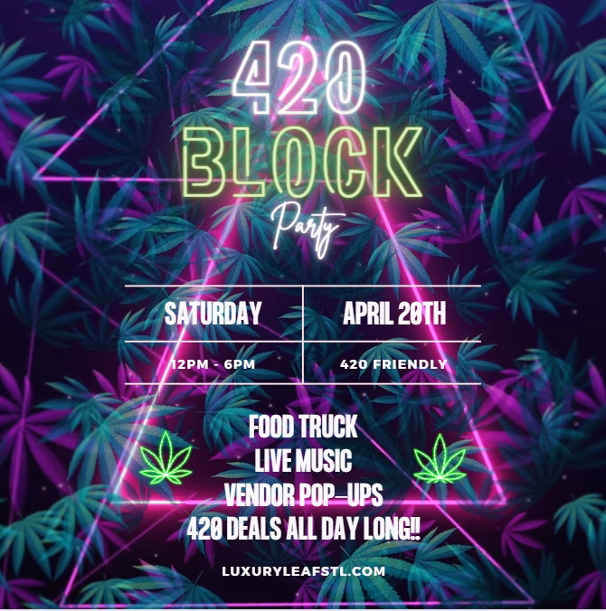 Neon-themed flyer for a 420 Block Party on April 20th with food trucks, live music, vendor pop-ups, and all-day deals