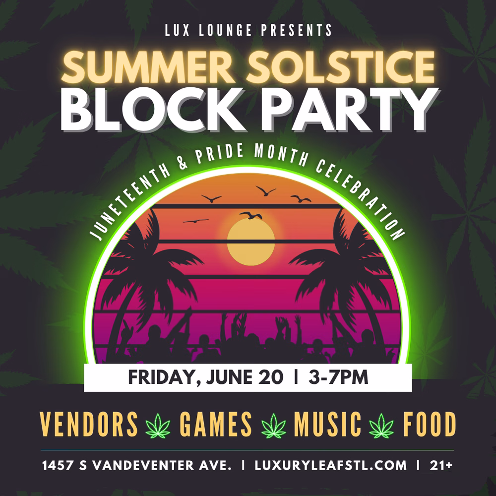 Flyer for a Summer Solstice Block Party celebrating Juneteenth and Pride Month with vendors, games, music, and food on June 20th from 3-7 PM