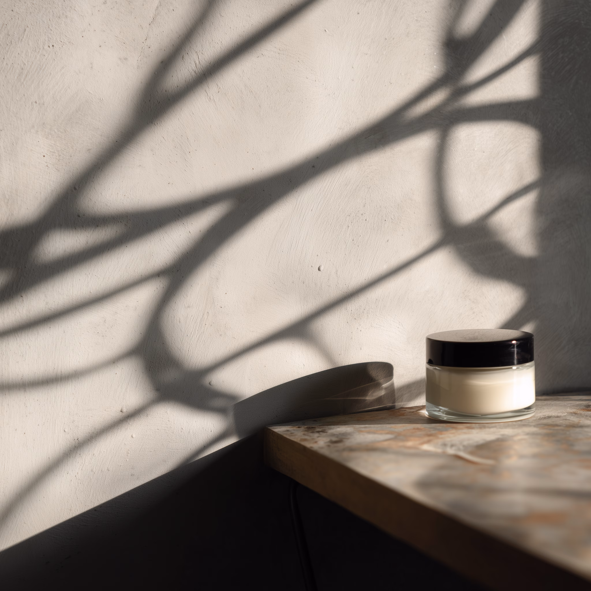 Glass jar of cream with a black lid on a sunlit stone surface, with artistic plant shadows on the wall