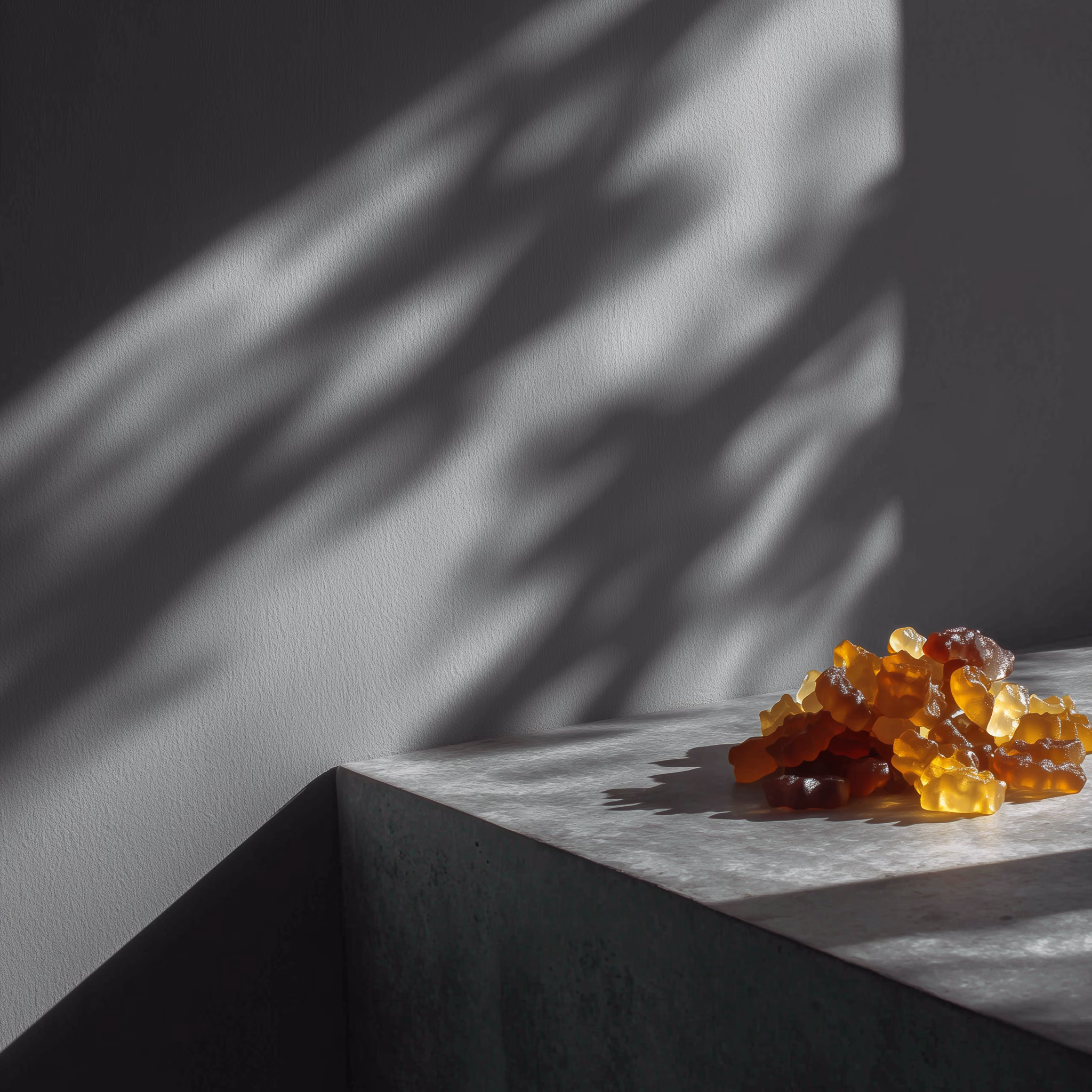 A pile of gummy bears sits on a sunlit surface, casting soft shadows against a textured wall