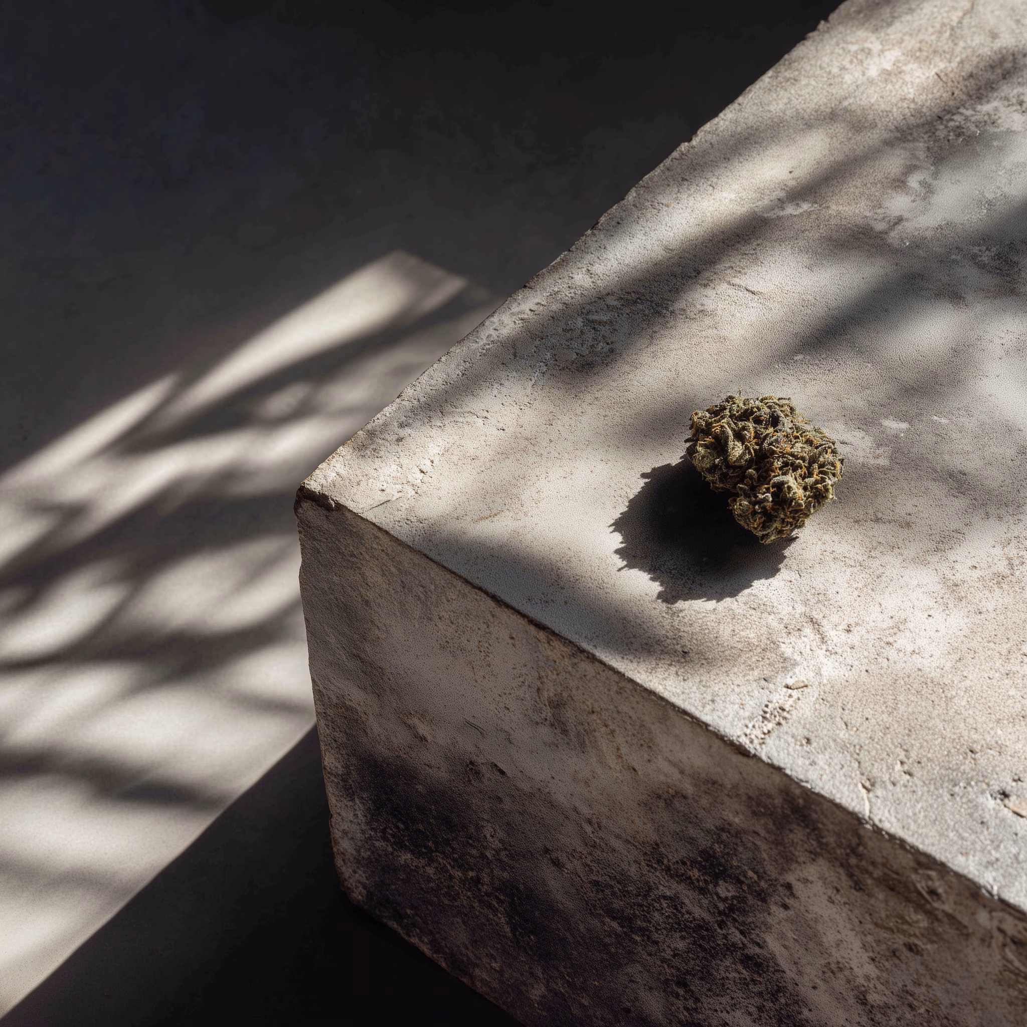 A small cannabis bud resting on a textured concrete surface with soft natural light and shadows